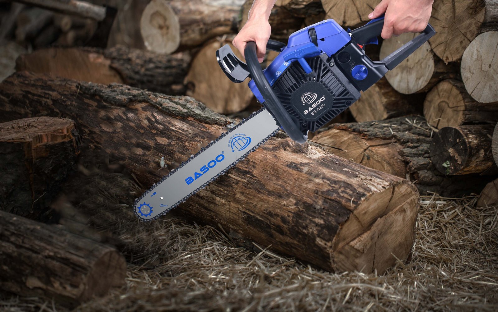 Man chopping wood with a chainsaw