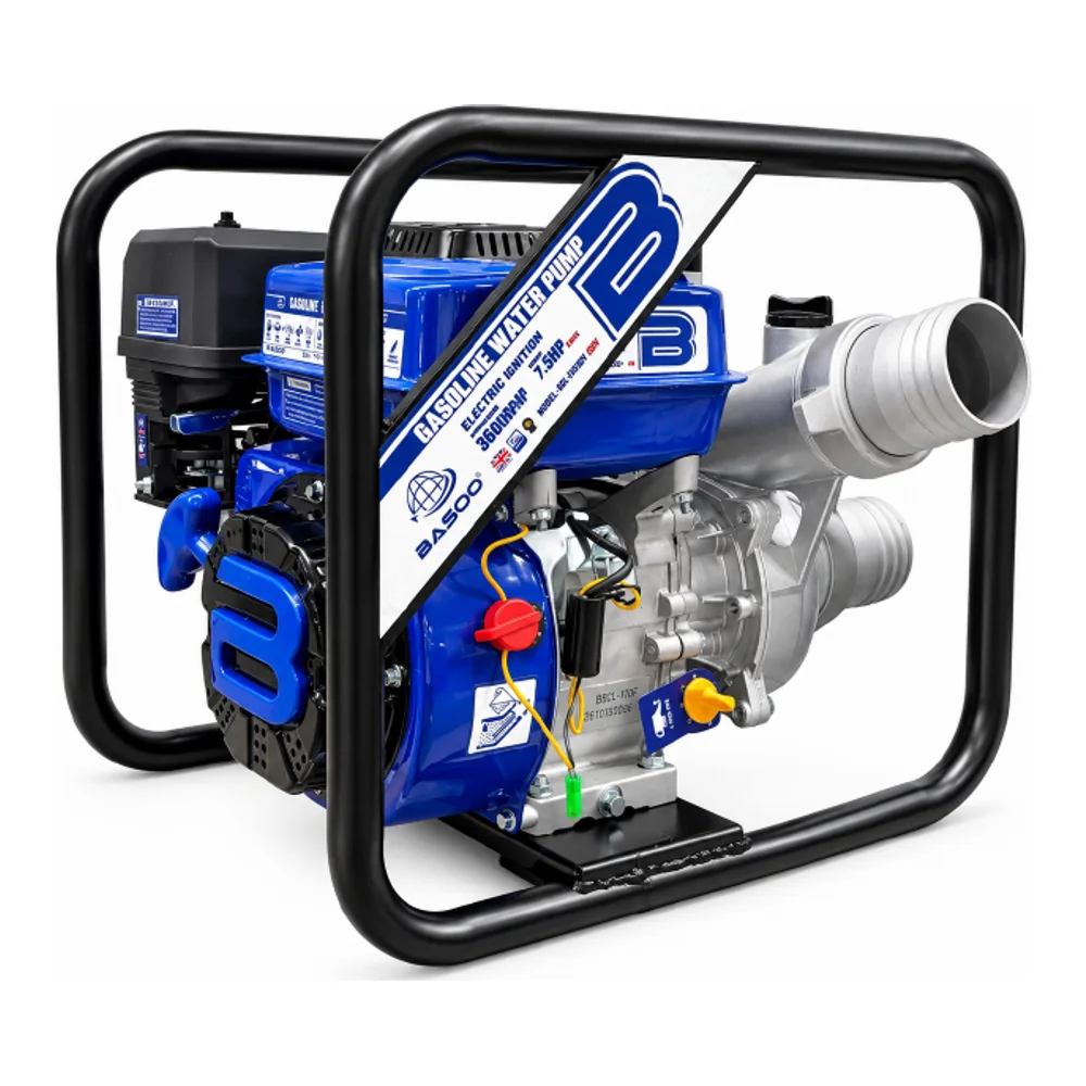 BASOO gasoline water pump with blue engine and black protective frame