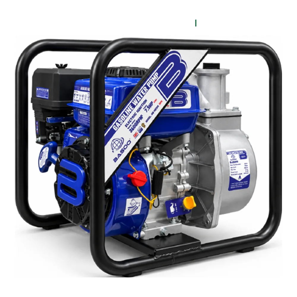 BASOO gasoline water pump with blue engine and black protective frame