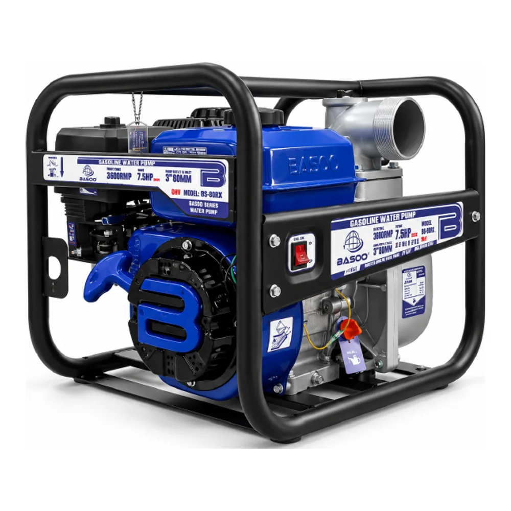 BASOO gasoline water pump with blue engine and black protective frame